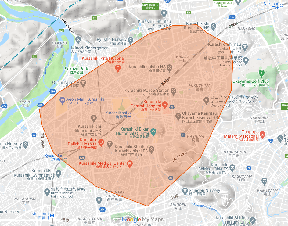 ウーバーイーツ倉敷エリアマップ