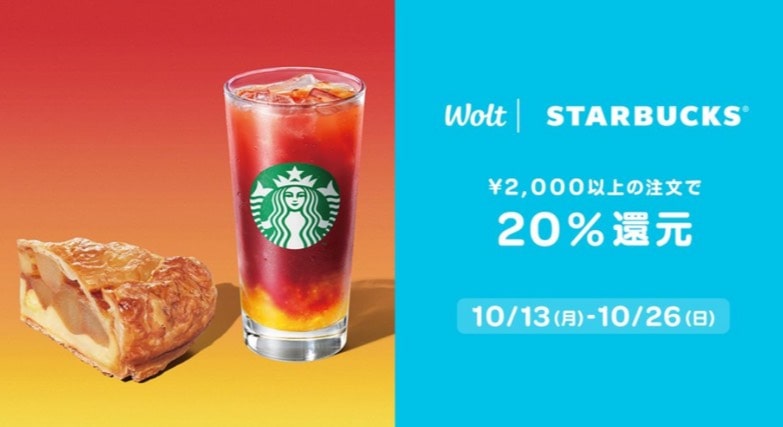 【Wolt×STARBUCKS】2,000円以上の注文で20％還元